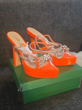 Cathy Din-Women's Orange Rhinestone Platform Heeled Sandals
